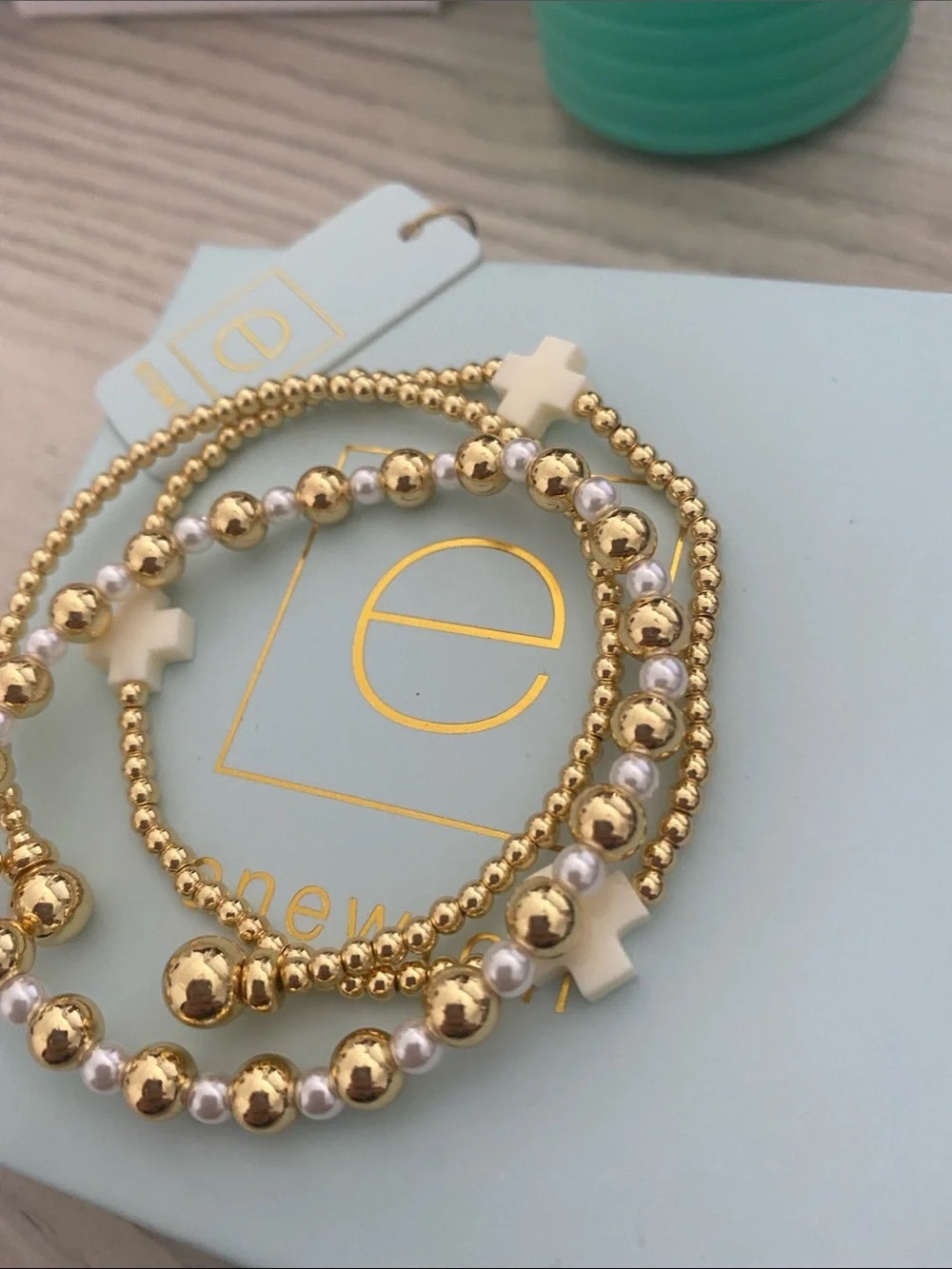 E Newton Gold and White Cross Beaded Bracelet Set - Picture 5 of 5